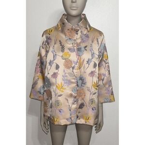 Connie Roberson Shimmery Pastel Peach Floral Embroidered Silk Jacket Sz S